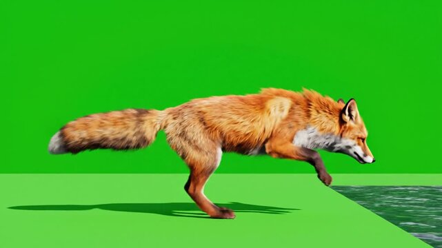 A red fox with a bushy tail captured mid-action, about to leap into water from a green screen platform.