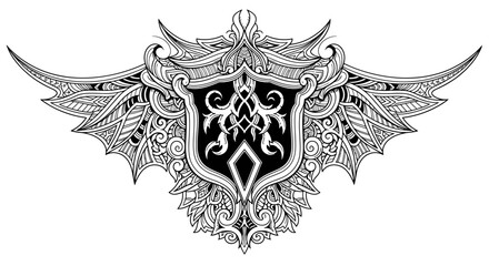 Naklejka premium Intricate black and white emblem with ornamental wings and shield design