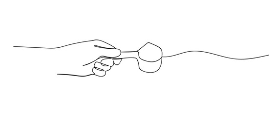 The hand is holding a measuring spoon to scoop the powder in continuous line art drawing style. minimalist black linear sketch isolated on transparent background Editable stroke.