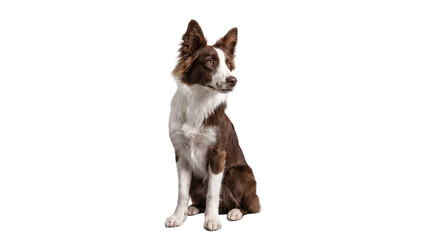 a beautiful brown and white border collie dog sitting patiently and looking to the side with intelligent eyes, captured in a studio portrait with a transparent background. © Nadine