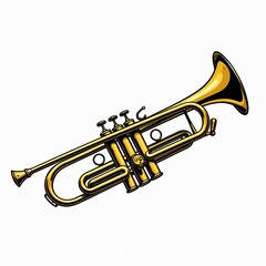 Obraz premium Golden brass trumpet with valves and bell isolated on white background. This classic wind instrument produces bright, clear notes suitable for jazz or orchestral music.