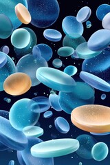 Fototapeta premium Bioluminescent blue and orange coins float in a dynamic cosmic scene of light and motion