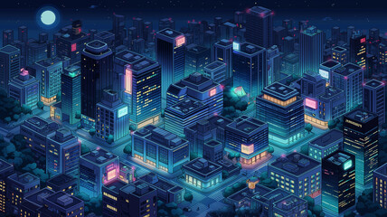 月夜の空に輝くビル群を描いたネオン都市の等角視点イラスト、未来的な街並みと都会の夜景、レトロフューチャー、シティポップ、ゲーム背景、動画制作、配信素材に最適なデジタル都市素材