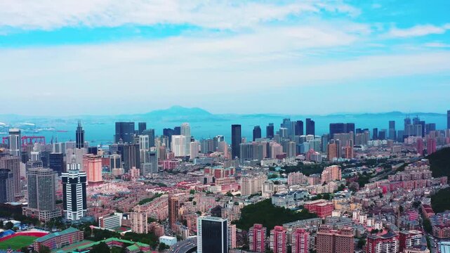 Dalian China Aerial Cityscape with Coastal Mountains and Modern Skyline