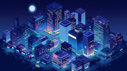 ネオンが光る都市ビル街を俯瞰で描いた未来都市イラスト、夜空と月が広がる都会の夜景、レトロゲーム風、シティポップ、音楽動画背景、配信画面、広告ビジュアルに使える都市景観素材