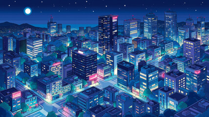 ネオンが輝く夜の都市ビル群を俯瞰視点で描いた未来都市イラスト、都会の夜景と月が浮かぶサイバー風街並み、レトロゲーム、シティポップ、音楽動画背景、配信画面、広告ビジュアルに使える都市素材