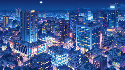 ネオンが輝く夜の都市ビル群を俯瞰視点で描いた未来都市イラスト、都会の夜景と月が浮かぶサイバー風街並み、レトロゲーム、シティポップ、音楽動画背景、配信画面、広告ビジュアルに使える都市素材