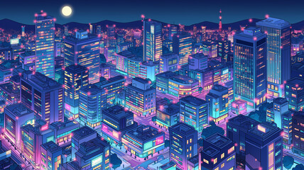ネオンが輝く夜の都市ビル群を俯瞰視点で描いた未来都市イラスト、都会の夜景と月が浮かぶサイバー風街並み、レトロゲーム、シティポップ、音楽動画背景、配信画面、広告ビジュアルに使える都市素材