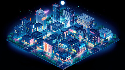 夜空と月に照らされた未来都市のネオン街並みを描いた等角視点イラスト、ビル群が並ぶ都会の夜景、レトロフューチャー、シティポップ、ゲーム背景、動画サムネイル、配信画面、音楽ビジュアル、デジタル都市景観素材