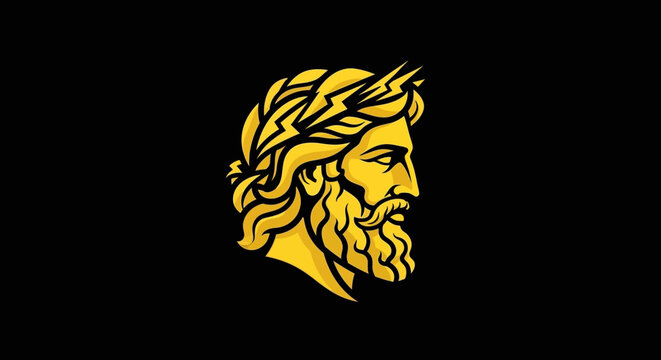 Golden profile portrait of a bearded man with laurel wreath and lightning