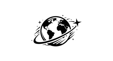 Obraz premium Black and white globe logo with orbiting trail and star symbol