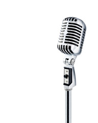 Isolated Retro Microphone. 3D render of retro Microphone on flip stand. Isolated. Non branded.
