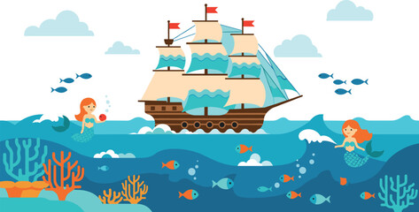 Naklejka premium Pirate Ship Sailing with Mermaids Underwater Scene Vector Illustration with Ocean Waves Coral Reef Fish and Fantasy Sea Adventure Design