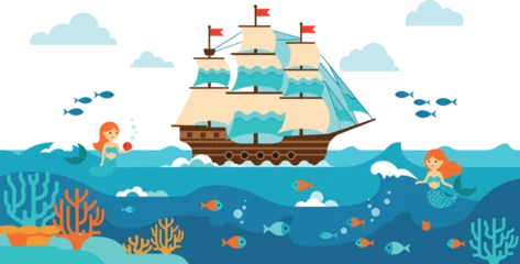 Poster Piraten Pirate Ship Sailing with Mermaids Underwater Scene Vector Illustration with Ocean Waves Coral Reef Fish and Fantasy Sea Adventure Design  © Sanjida