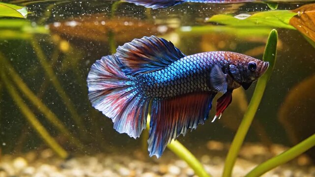 A vibrant betta fish gracefully swims in a clear aquarium, surrounded by aquatic plants