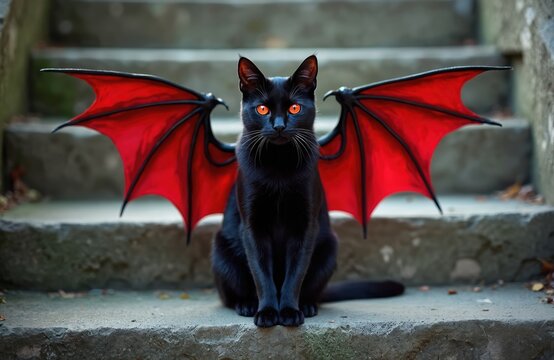 Black cat with red devil wings sits on stone stpic. Mystical creature with glowing orange eyes looks directly forward. Feline demon waits patiently outdoors in daylight.