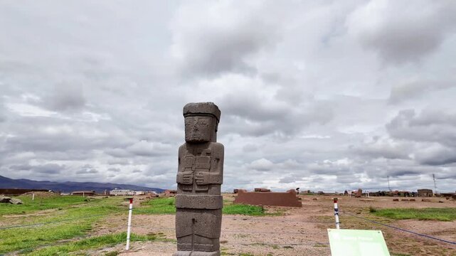 Ancient Ponce Monolith Statue at Tiwanaku Archaeological Site in Bolivia
