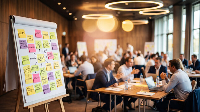 Business meeting workshop teamwork brainstorming strategy presentation modern conference room buzz business collaboration