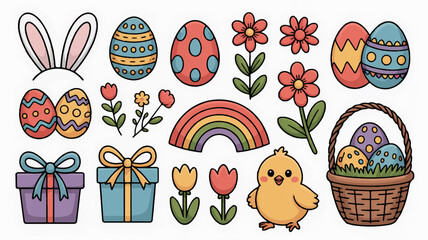 Fototapeta premium Colorful easter icons including eggs bunny ears flowers gifts rainbow chick and basket with eggs in a festive arrangement