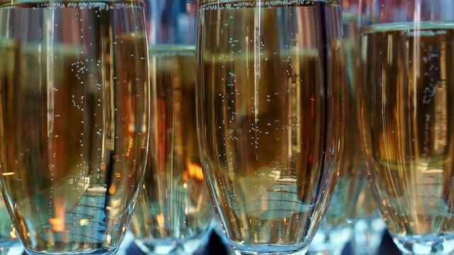 Glasses with sparkling champagne are ready for the guests. Close up shot.
