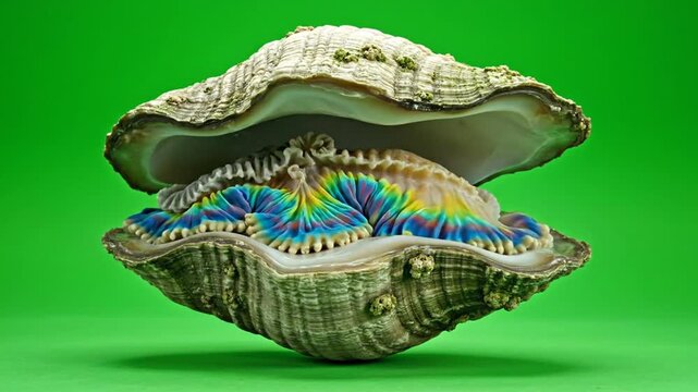 A close-up view of a giant clam with its vibrantly colored, iridescent mantle open against a solid green background.