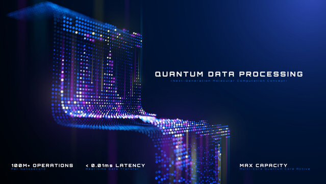 Abstract futuristic technology background with flowing blue, pink and glowing yellow data particles. Vector illustration.