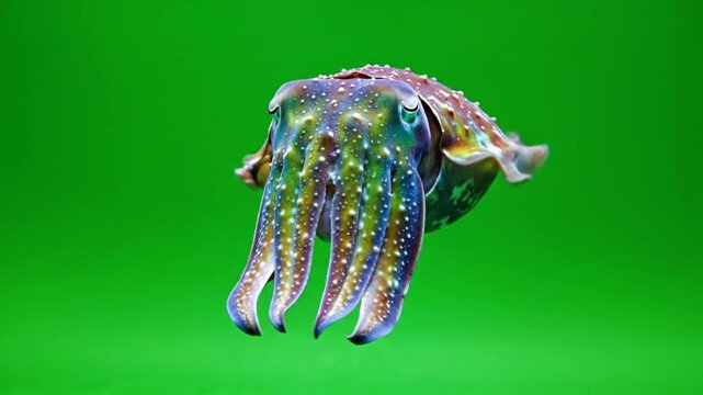 A vibrant cuttlefish with intricate patterns and colors swimming gracefully against a bright green background.