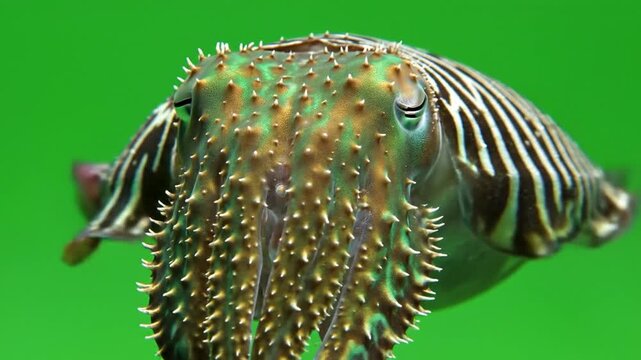 Close-up of a vibrant cuttlefish with intricate patterns and textured skin against a bright green background, showcasing its unique camouflage.