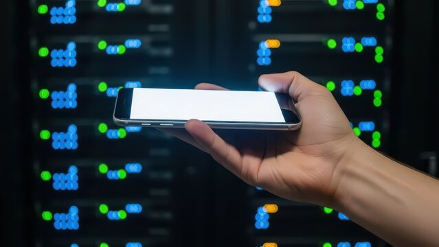 Hand holding smartphone horizontally showing blank white screen in front of server racks