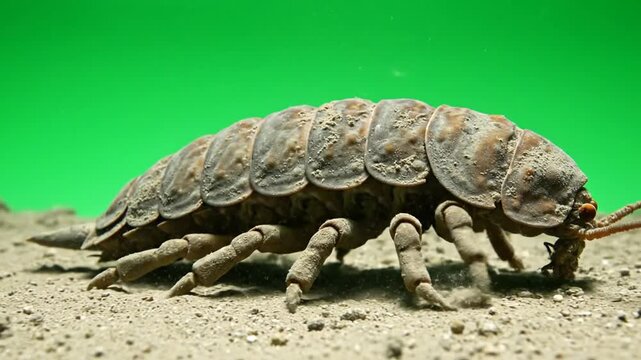 Close-up view of a giant isopod walking on a sandy surface with a vibrant green background.