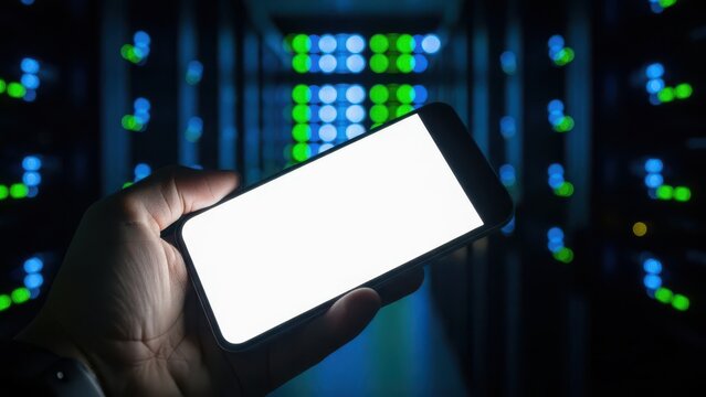 Hand holding smartphone screen blank with bokeh server room background