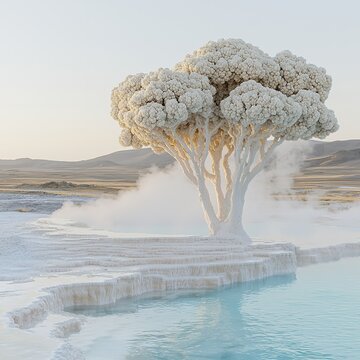 Biomimetic tree-like geothermal steam harvesters in misty hot spring landscape, ancient meets future