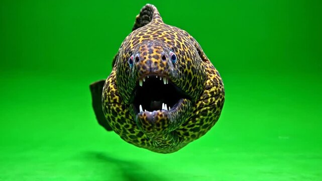 Close-up front view of a spotted moray eel with its mouth open, showing sharp teeth against a bright green background, highlighting its predatory nature.
