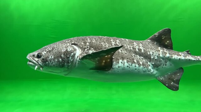 A detailed rendering of a prehistoric fish, possibly a Dunkleosteus, swimming in green-tinted water.