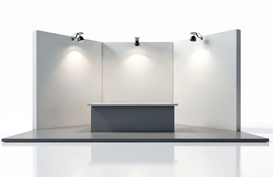 Modern minimalist exhibition booth with counter and overhead lights. Clean white walls, grey platform, empty space for product display. Simple trade show stand design.