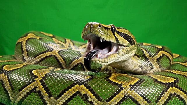 Close-up of a large green and yellow patterned python with its mouth open, showing fangs and tongue against a green background.