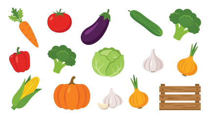 A vibrant collection of fresh vegetables and a wooden crate, showcasing a variety of healthy produce.