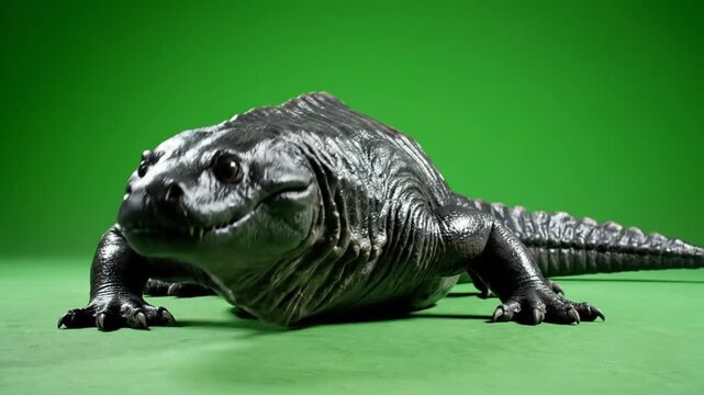 A detailed studio shot of a mysterious dark amphibian or reptile model with intricate skin patterns on a green screen.