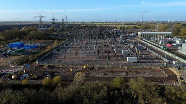 National Grid aerial drone shot of the Walpole facility near Wisbech, highlighting high-voltage switchgear and stability projects.
