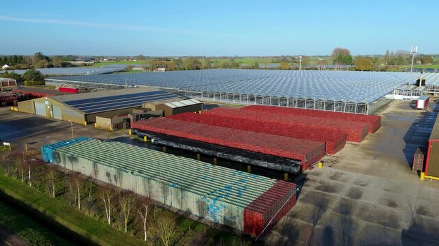 High-tech horticulture aerial view of an expansive commercial greenhouse complex for vegetable and plant production in Terrington St Clement UK.