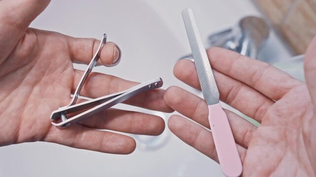 Close up of male hands holding manicure tools. A person is showing a nail clipper and a file in a bathroom over a white ceramic sink