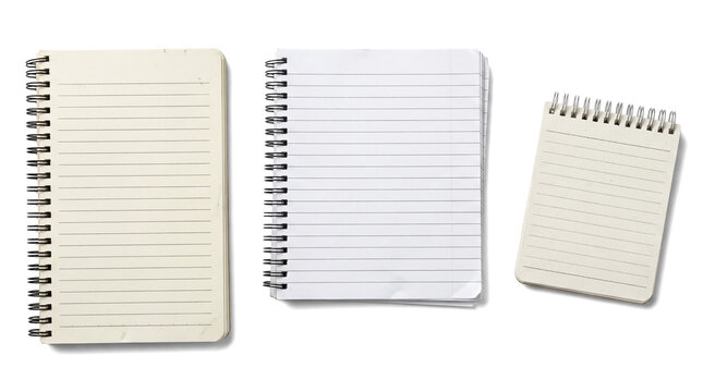 close-up of a lined notebook with a spiral binding and a slightly aged paper texture, isolated on a white background, perfect for note-taking and creative journaling.