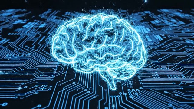 Artificial intelligence brain glowing over a futuristic circuit board background