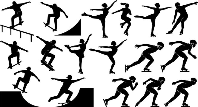 Roller Skating Silhouettes, Inline Skating Moves, Speed Skating Poses, Skaters in Action, Roller Dance Silhouettes, Skating Tricks
