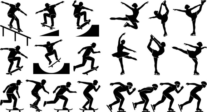 Roller Skating Silhouettes, Inline Skating Moves, Speed Skating Poses, Skaters in Action, Roller Dance Silhouettes, Skating Tricks
