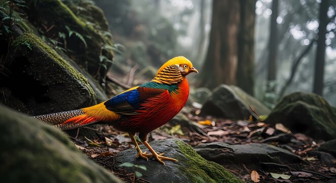 A stunning Golden Pheasant with vibrant plumage stands on a mossy rock in a misty, lush forest environment.