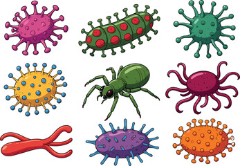 Cartoon microorganisms and spider illustration with colorful germs, bacteria, and viruses, fun educational microbiology artwork for science teaching, health awareness, 