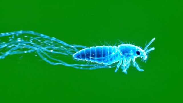 Close-up of a glowing blue microscopic insect-like creature with wispy trails on a green background.