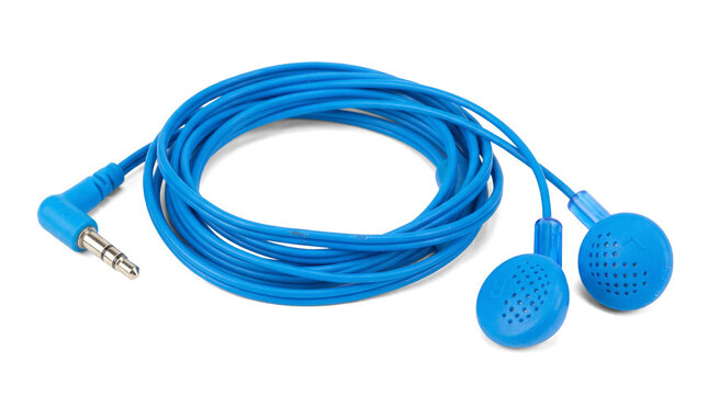 a pair of bright blue wired earphones with a standard 3.5mm audio jack, coiled neatly and presented on a clean white background, ideal for music lovers and tech accessories.