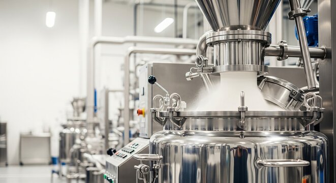 Industrial stainless steel mixer processing white powder for pharmaceutical production.
